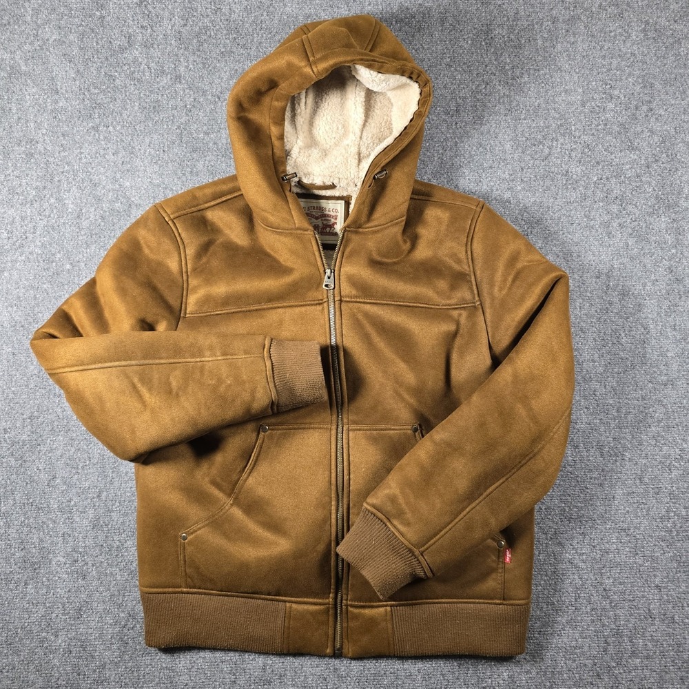 Levi's Sherpa Lined Faux Suede Hooded Jacket Brown Men's Large Full Zip Coat
